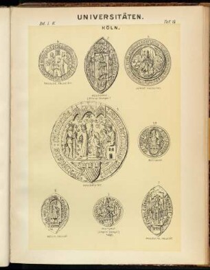 Taf. 18. Köln. 1. Universität. - 1a. Rectorat. - 2. Rectorat (älterer Stempel) - 3. Rectorat (jüngerer Stempel) 1485. - 4. Theolog. Facultät. - 5. Jurist. Facultät. - 6. Medicin. Facultät. - 7. Philosoph. Facultät