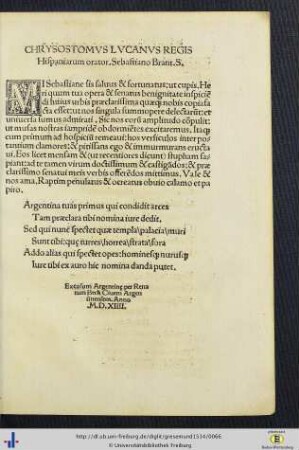 Chrysostomus Lucanus ... Sebastiano Brant. S.