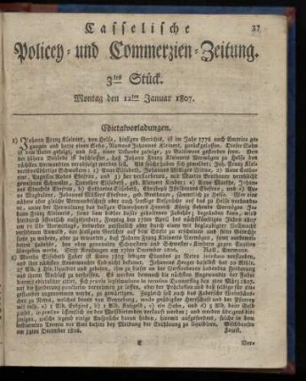 3tes Stück, Montag den 12ten Januar 1807