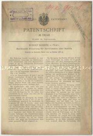 Patentschrift einer auslösenden Steuerung für Corlisshähne oder Ventile, Patent-Nr. 39248