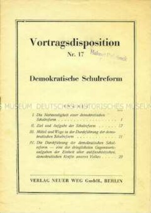 Vortragsdisposition über die "Demokratische Schulreform" für die politische Schulung der KPD