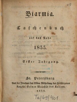 Biarmia : Taschenbuch auf das Jahr ..., 1. 1833 (1832)
