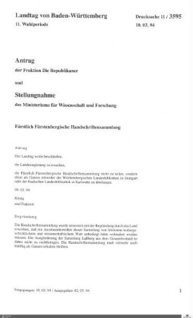 Antrag der Republikaner: Fürstlich Fürstenbergische Handschriftensammlung