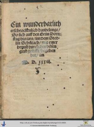 Ein wunderbarlich erschrockenlich handelunge/ So sich auff den Grün Dornstag dis iars/ inn dem Stedlin Schiltach/ mit einer brunst durch den bösen geist gestifft/ begeben hat/ im M.D.xxxiij