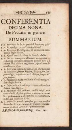 Conferentia Decima Nona. De Peccatis in genere