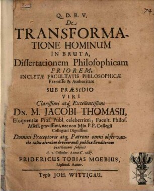De transformatione hominum in bruta : dissertationem philosophicam priorem