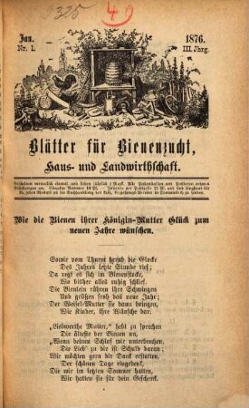 Blätter für Bienenzucht, Haus- und Landwirtschaft : Organ und Eigentum des Kreis-Bienenzüchter-Vereins von Schwaben und Neuburg. 3. 1876