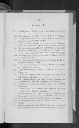 Anlage II. Die wichtigeren Eingänge des Museums seit 1843.
