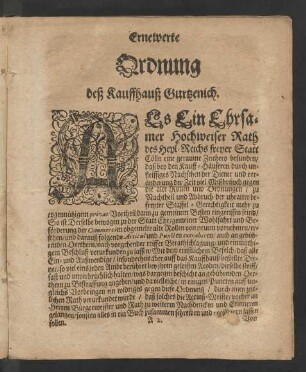 Ernewerte Ordnung deß Kauffhauß Gurtzenich.