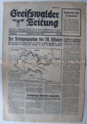 Regionale Tageszeitung "Greifswalder Zeitung" zum Einmarsch der Wehrmacht im Sudentenland