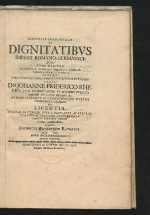 Discursus Inauguralis De Dignitatibus Imperii Romano-Germanici