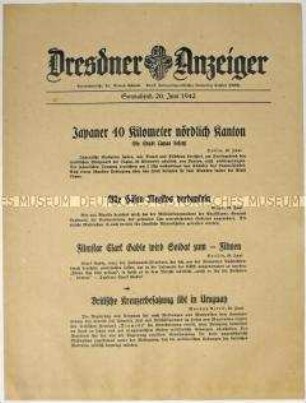 Nachrichtenblatt "Dresdner Anzeiger" u.a. zu japanischen Angriffen auf China