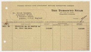 Quittung von Star Newspaper Service, The Toronto Star, Toronto an Erich Salomon