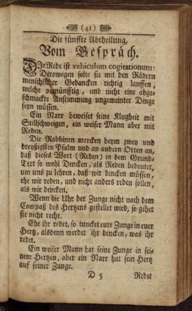 Die fünffte Abtheilung, Vom Gespräch. - Die sechste Abtheilung. Vom Stillschweigen und Verschwiegenheit.