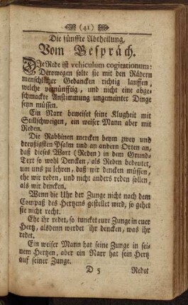 Die fünffte Abtheilung, Vom Gespräch. - Die sechste Abtheilung. Vom Stillschweigen und Verschwiegenheit.