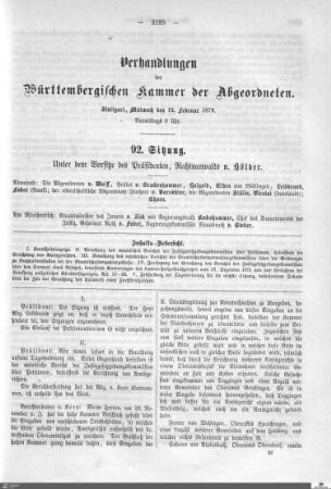 92. Sitzung, Stuttgart, 12.2.1879