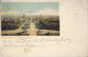 Postkartenalbum. "Karlsruhe - Vom Schloss aus gesehen". Schlossgarten und Innenstadt