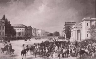 Berlin, Parade Unter den Linden vor König Friedrich Wilhelm III. im Jahre 1839
