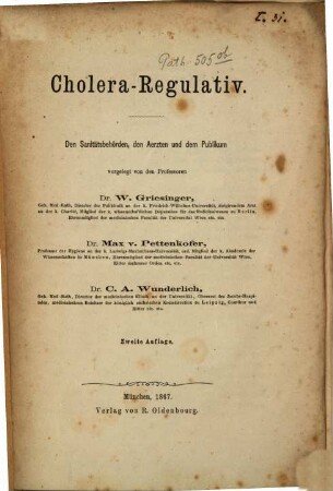 Cholera-Regulativ : den Sanitätsbehörden, den Aerzten und dem Publikum vorgelegt