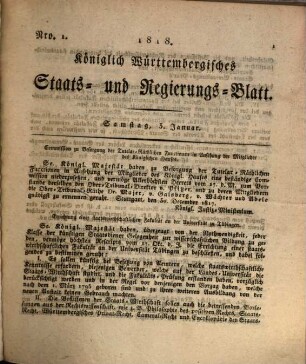 Königlich-Württembergisches Staats- und Regierungsblatt : vom Jahr ... 1818, 1818