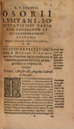 R. P. Ioannis Osorii, Lvsitani, Societatis Iesv, Variarvm Concionvm, Et In Passionem Domini, Epitome