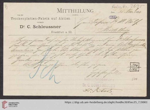 Brief von Eduard Ritsert von Dr. C. Schleussner AG (Frankfurt, Main) an Max Wolf