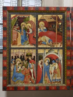 Wildunger Altar — Altar im geöffneten Zustand — Verkündigung, Geburt Christi, Anbetung der Könige und Darbringung im Tempel