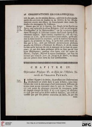 Chapitre IV: Observations physiques &c. ou Essai sur l’Histoire Naturelle de l’Arabie Petre’e