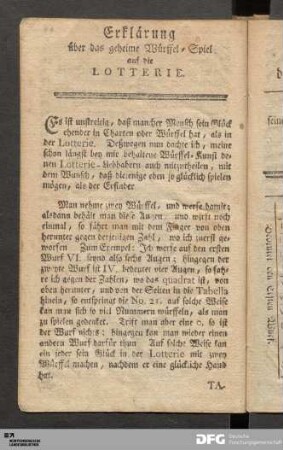 Erklärung über das geheime Würffel-Spiel auf die Lotterie.