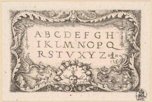 Römisches Majuskel-Alphabet in Kartusche mit grotesker Maske