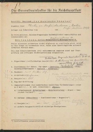 Theater am Kurfürstendamm, Berlin: Fragebogen für das Handbuch »Das Deutsche Theater«, vierseitiges Dokument