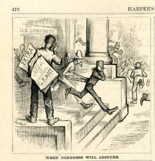 When Congress will adjourn : Abgeordnete verlassen fluchtartig das Kongressgebäude, da General Grant nach Washington zurück kehren wird