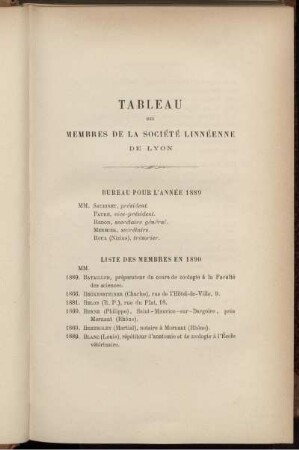 Tableau des Membres De La Societe Linnenne De Lyon