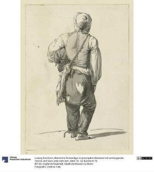 Männliche Rückenfigur in zerlumptem Beinkleid mit umhängender Tasche und Sack unter dem Arm
