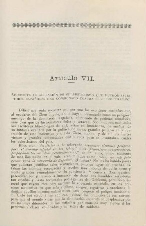 Artículo VII. Se refuta la acusación de filibusterismo que muchos escritores espanoles han cosignado contra el clero filipino