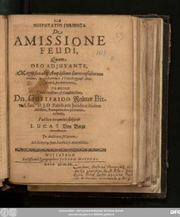 Disputatio Iuridica De Amissione Feudi