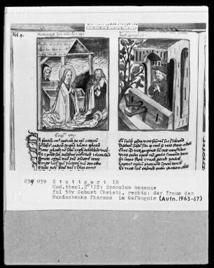 Zwei Schriften — Speculum humanae salvationis — Textseite mit zwei Miniaturen, Folio 58verso