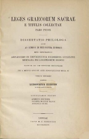 Leges Graecorum sacrae e titulis collectae : pars prior ; dissertatio philologica