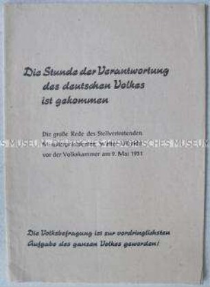 Sonderdruck der Rede von Walter Ulbricht zur Volksbefragung gegen Remilitarisierung