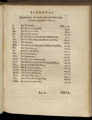 Elenchus Capitum seu Articulorum in priore Confeßionis Augustanæ Parte.