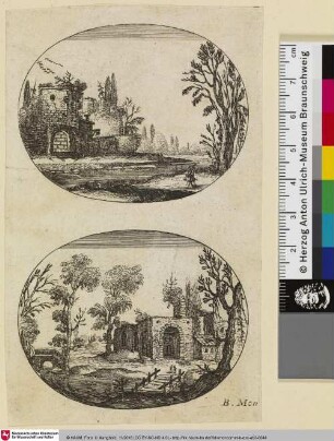 [Zwei Landschaften mit Fluss und Ruine]