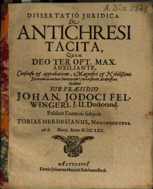 Dissertatio Iuridica De Antichresi Tacita