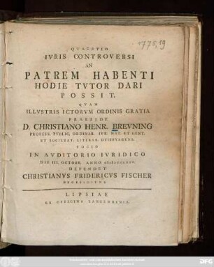 Qvaestio Ivris Controversi An Patrem Habenti Hodie Tvtor Dari Possit