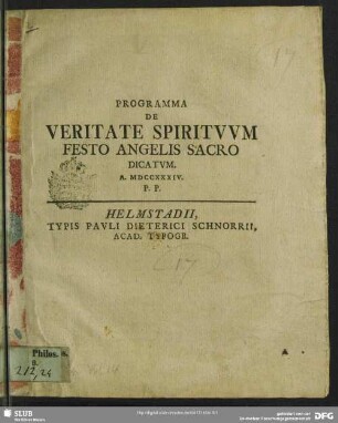 Programma De Veritate Spirituum Festo Angelis Sacro Dicatum. A. MDCCXXXIV. P. P.
