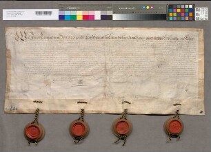 Urkunde zur 16er-Wappenahnentafel (AA 0248 Nr. 2617) der Anna Louisa Reichserbtruchsessin Gräfin zu Wolffegg Burgfräulein zu Waldburg. Bestätigt durch Joseph Clemens Erzbischof zu Köln, Johann Wilhelm Pfalzgraf zu Rhein, Heinrich Reichserbtruchsess zu Wolffegg und Waldburg und Gerorg Friedrich Graf zu Hohenlohe. Mit den vier Unterschriften. Mit vier Siegeln in Holzkapseln (von vier) erhalten.