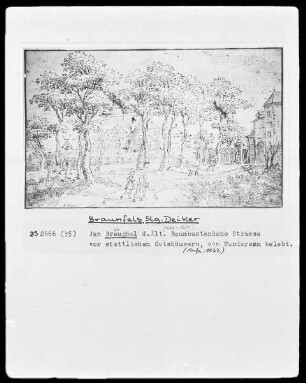 Baumbestandene Straße vor stattlichen Gutshäusern, von Wanderern belebt, Folio recto