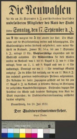Bekanntmachung des Stadtverordnetenvorstehers zur Wahl der unbesoldeten Mitglieder des Stadtrats (Stadtratswahl) am 17. September 1922