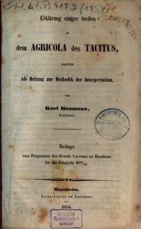 Programm des Grossherzoglichen Lyceums zu Mannheim, 1854, Beil.