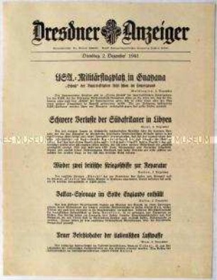 Nachrichtenblatt "Dresdner Anzeiger" u.a. zum geplanten Bau eines Flughafen auf Höllandisch-Guayana und neuem Befehlshaber der italienischen Luftwaffe