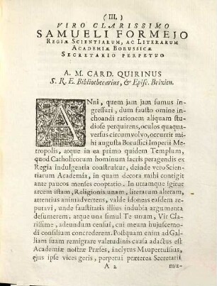 Ad Clarissimum Virum Samuelem Formejum Regiæ Scientiarum, Ac Literarum Academiæ Borussicæ Secretarium Perpetuum Epistola